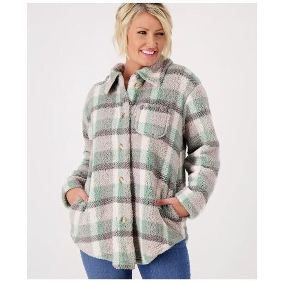 Koolaburra By Ugg Shacket Sage Green Purple Cozy Sherpa Shirt Jacket Womens Sz M - Picture 1 of 8